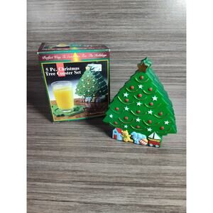 Vintage Plastic Christmas Tree Coaster Set with Christmas Tree Holder Drinks